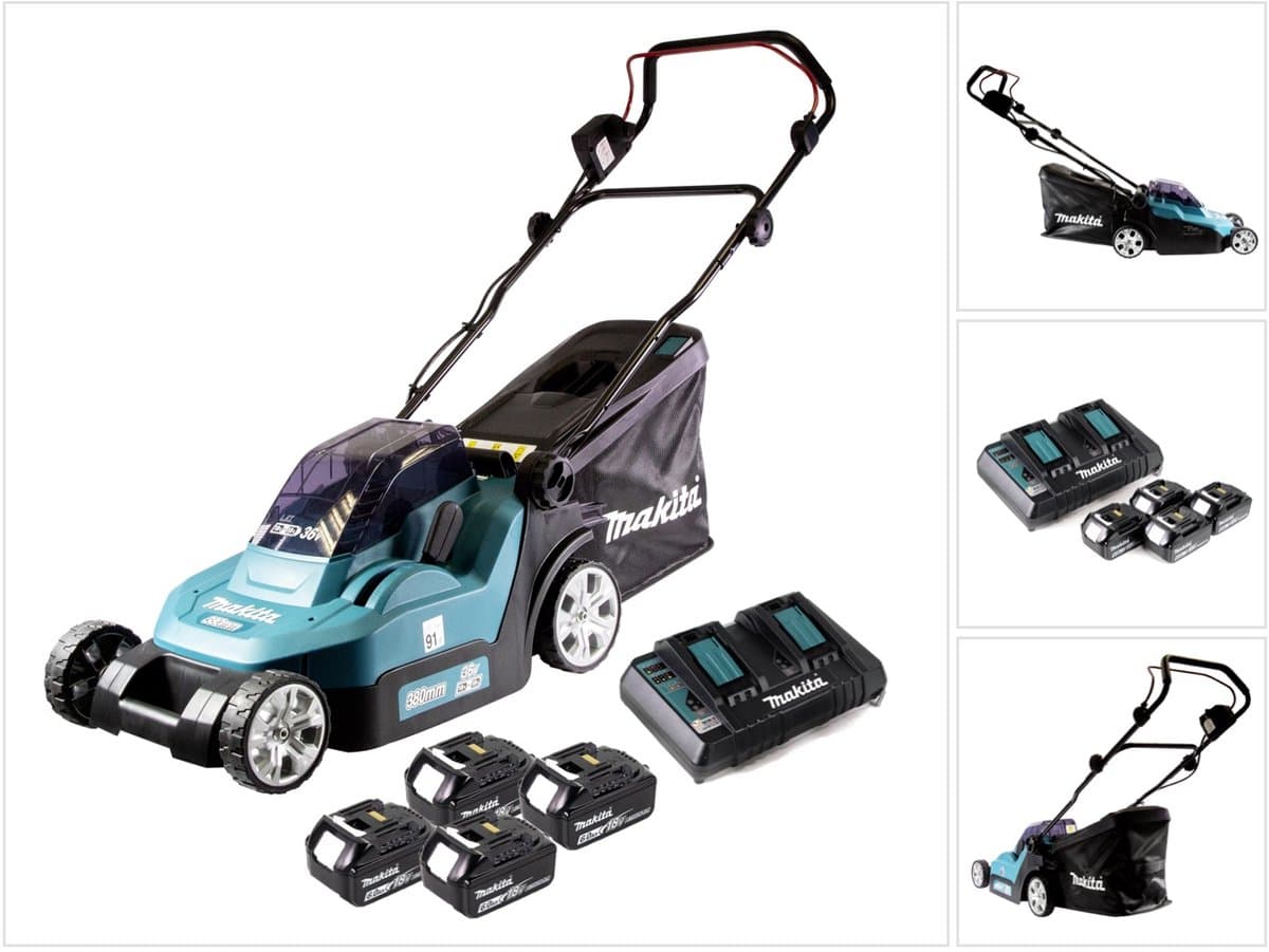 Makita DLM 382 PG4 accugrasmaaier 36 V ( 2x 18 V ) 38 cm 40 l + 4x accu 6.0 Ah + dubbele lader — afbeelding 1