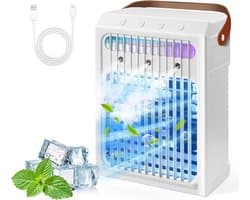 Witte Draagbare Luchtkoeler - 900ML Watertank - 3 Snelheden - 2/4/6H Timer - 7-Kleurig Nachtlicht - Stille Verdampingskoeling - Geschikt voor Slaapkamer, Kantoor, Bureau en Tent