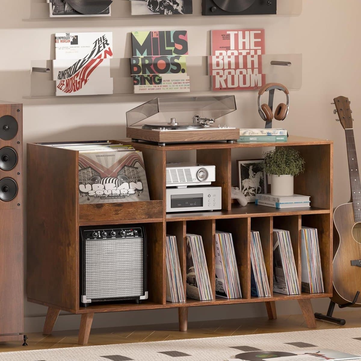 Platenspeler Tafel - Platenspeler Standaard - Vinyl Opbergkast voor 450+ Elpees - Grote Platenkast met Nu Afspelend Display - Vinyl Storage Meubel - Audiomeubel & Platenspeler Meubel - Platenhouder voor Woonkamer & Muziekkamer — afbeelding 1