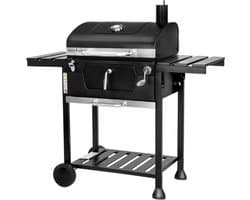 MasterCook Friend Houtskoolgrill met dubbele grill en mandinstelling, BBQ houtskool met deksel, thermometer, inklapbare planken, professionele houtskoolgrill van staal