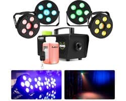 Fuzzix partystarter - Met rookmachine en 4 discolampen - Feestverlichting pakket - Met RGB LED’s