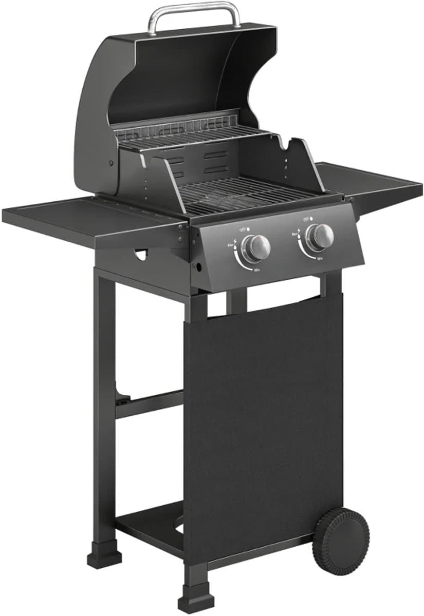 Gasbarbecue - Gasbarbecue en grill - 2 Branders - 5,4 kW - Grillwagen - met Grillrooster, Wielen, Inklapbaar Bijzettafels, Drukregelaar, Slangen, Thermometer en Warmhoudplaten - 95 x 53 x 111.5 cm - Zwart — afbeelding 1