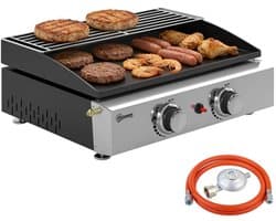 Gasgrill - Gasbarbecue met 2 Branders - Draagbare Gasbarbecue en grill - 5 kW - Grillwagen - Tafelgrill - met Keramische Coating, Grillrooster & Warmhoudrek - 51,5 x 44 x 21 cm - Zwart