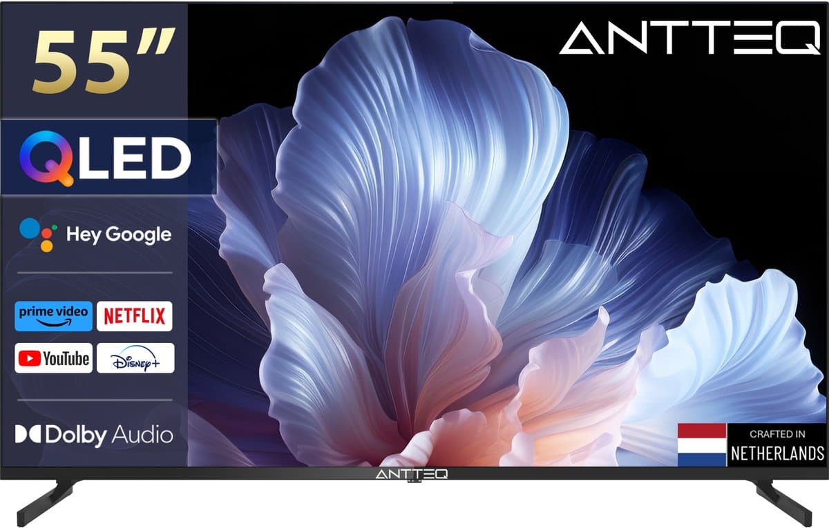 ANTTEQ Q55-AGU1.Q1 – 55 Inch Smart TV – 4K Ultra HD QLED – Android TV – HDR – Frameless Design — afbeelding 1