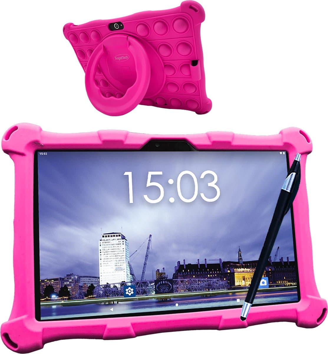 AngelTech Kindertablet XL – 3+4GB RAM - 32+64GB – Android 14 - 100%Kidsproof – Extra Groot – Vanaf 3 Jaar - Ook Voor Volwassen Gebruik - 10 Inch - Ouderlijk Toezicht – Fidgy Beschermhoes – Roze — afbeelding 1