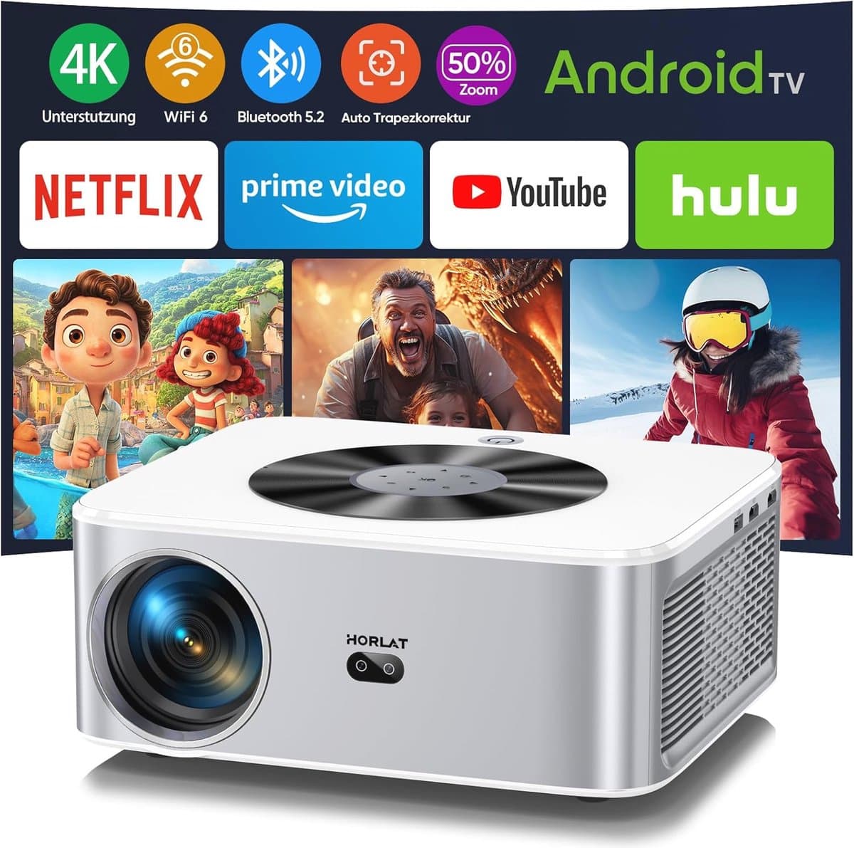 4K Beamer met 28000 Lumen - Wifi 6 en Bluetooth, Trapeziumcorrectie, 50% Zoom voor Thuisbioscoop — afbeelding 1