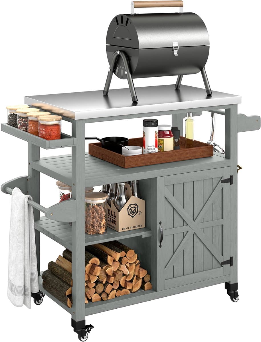 Outsunny Grillwagen - Roestvrij staal, vurenhout - 107 x 49,5 x 92,5 cm - Grijs — afbeelding 1
