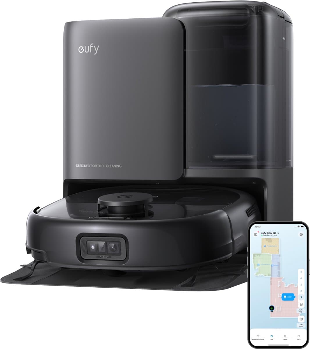 eufy Robotstofzuiger Omni E25 - HydroJet dweilsysteem - 20.000Pa zuigkracht - DuoSpiral borstels die ontklitten - CornerRover arm voor het schoonmaken van hoeken - Alles-in-1 station - Voor gezinnen met huisdieren en kinderen — afbeelding 1
