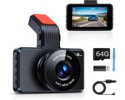 Autodashcam voor met 64 GB SD-kaart, 1080P FHD 3" autodashcam, autodashcam met 170° groothoek, nachtzicht WDR, loopopname