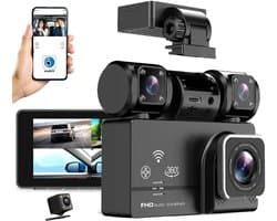 4-kanaals wifi-dashcam voor in de auto, 360-graden panoramische bescherming met WDR, 1080p HD-camera's voor en achter, draaibare lens, infrarood nachtzicht, videorecorder