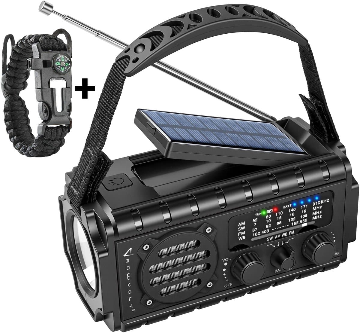 RAWVOLT® - NIEUW - Noodradio SW20K - 20000mAh Li-ion Accu - Solar Opwindbaar - Powerbank, Zaklamp, SOS Alarm & Leeslamp - 2026 model voor indoor, outdoor en in noodpakket - incl. Multi-Function Survival Armband - Cosmos Black — afbeelding 1