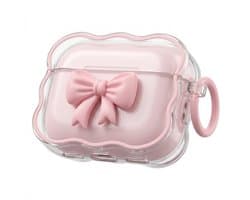 Roze transparant hoesje voor oordopjes dames met 3D strik en golvende rand geschikt voor AirPods Pro 2 siliconen soft case beschermhoes met ring