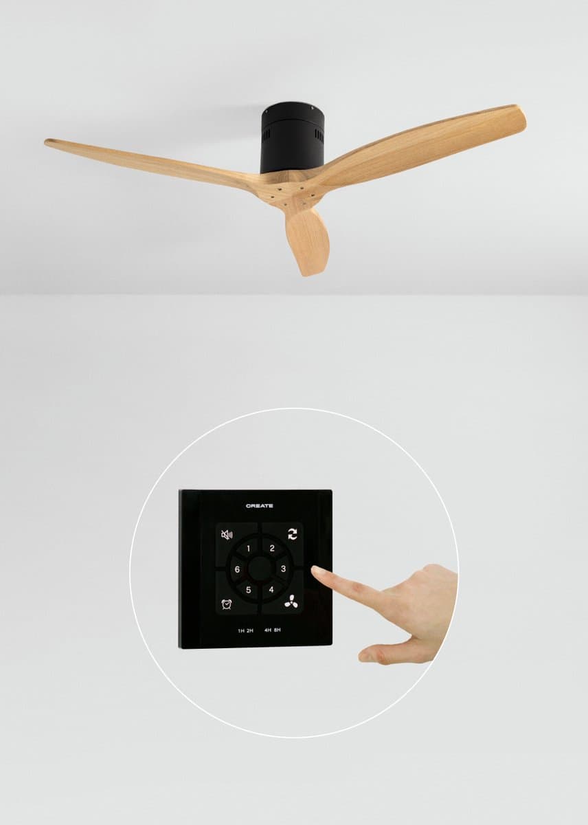 CREATE - Plafondventilator 40W silent 100% hout (Ø132cm) (ruimtes 10m²-25m²) - Zwart / Licht hout - Geen licht - Controller voor wandmontage + afstandsbediening - WIND CALM NATURAL WOOD — afbeelding 1
