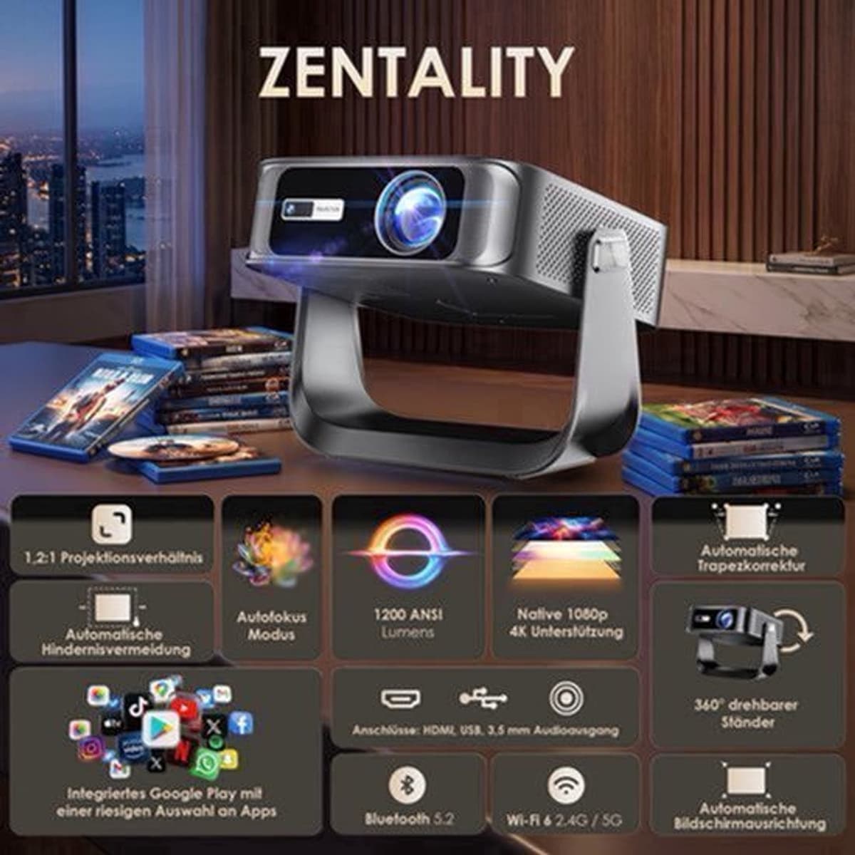 Mini Beamer - 1200 Lumen - Native 1080p Resolutie - LCD - Draagbaar - Voor Thuisbioscoop En Presentaties — afbeelding 1