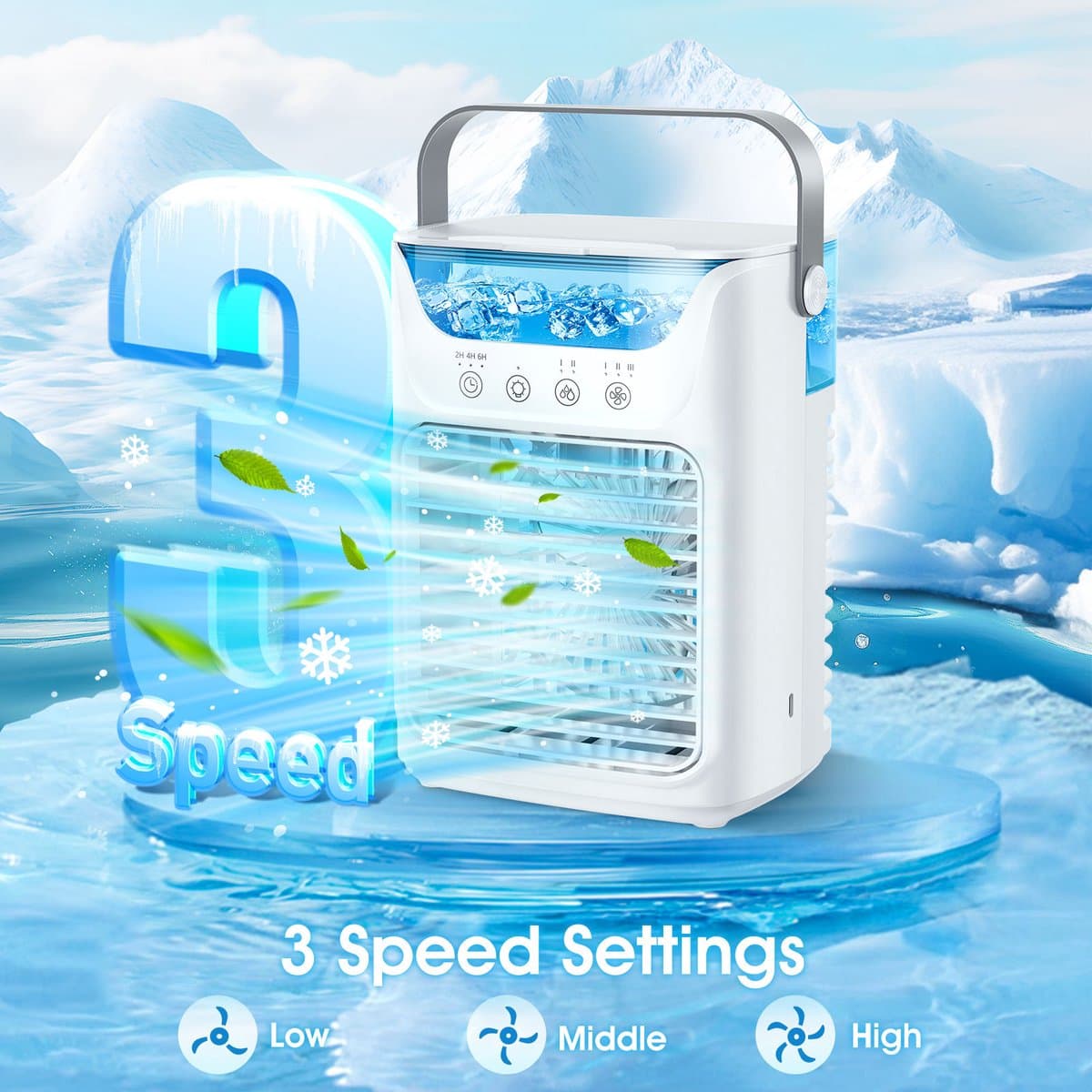 Mobiele airconditioning, 4-in-1 draagbare airconditioner & luchtkoeler luchtbevochtiger & tafelventilator met 700 ml / 2 koude nevel / 3 automatische timers - 7 kleuren nachtlampje — afbeelding 1