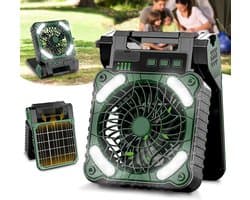 Ventilator met zonnepaneel, 10400 mAh, oplaadbare campingventilator, werkt op batterijen, draagbaar, met ledlampen, 4 snelheden, stille tafelventilator voor op reis