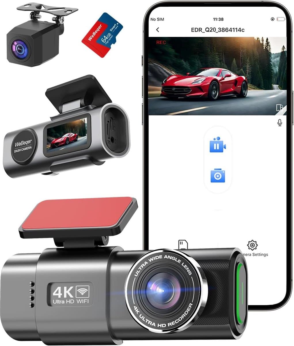 Dashcam Auto Voor en Achter 4K+1080P met WiFi - Loskoppelbare Camera - 64GB SD-kaart - 170°+140° Groothoek - Nachtzicht - Parkeerbewaking — afbeelding 1