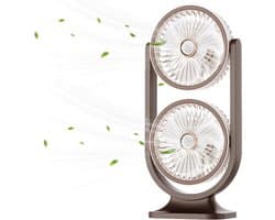 Tafelventilator - Tafelventilator Draadloos - Tafelventilator Oplaadbaar - Bureauventilator - Met 5 Snelheidsstanden - Dubbele Ventilator - Verkoelende En Stille Bureauventilator - Voor Kantoor, Thuis - Bruin