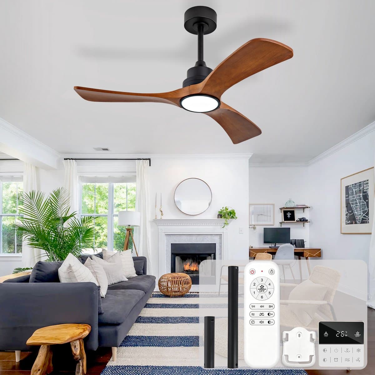 42 inch Deckenventilator met verlichting - Afstandsbediening en wandschakelaar - 3 kleurtemperaturen instelbaar - Dimbaar - Drie massief houten bladen - Omkeerbare DC-motor met 6 snelheden en timergeheugen — afbeelding 1
