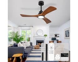 42 inch Deckenventilator met verlichting - Afstandsbediening en wandschakelaar - 3 kleurtemperaturen instelbaar - Dimbaar - Drie massief houten bladen - Omkeerbare DC-motor met 6 snelheden en timergeheugen