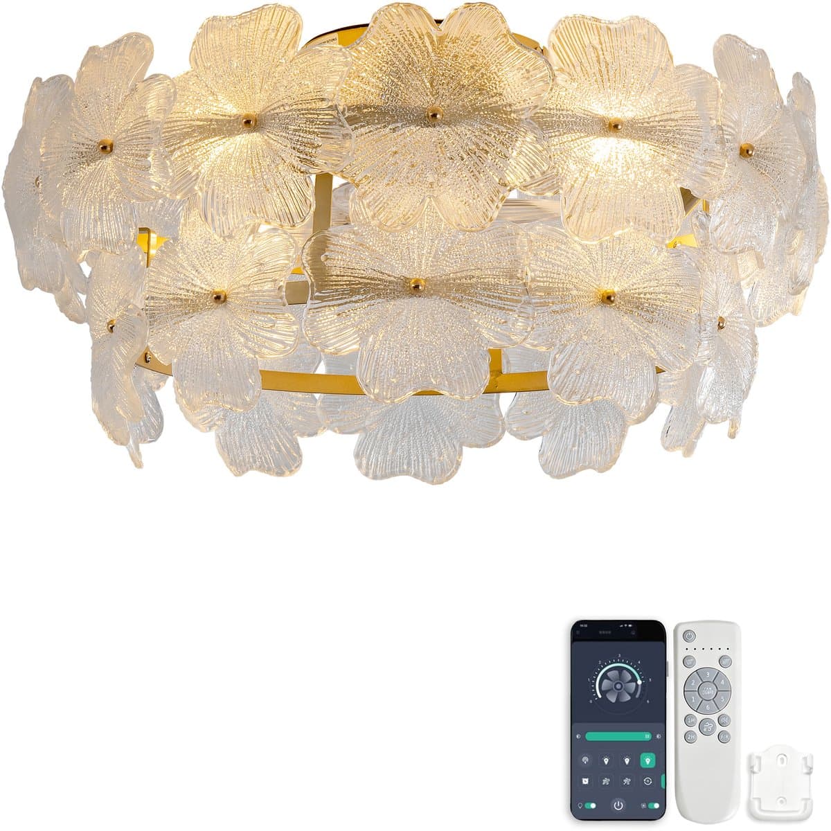Plafondventilator 19 inch met glazen kristallen kap - Energiezuinige stille gelijkstroommotor - 6 snelheidsstanden - Voor- en achteruit functie - ABS-bladen - App en afstandsbediening — afbeelding 1