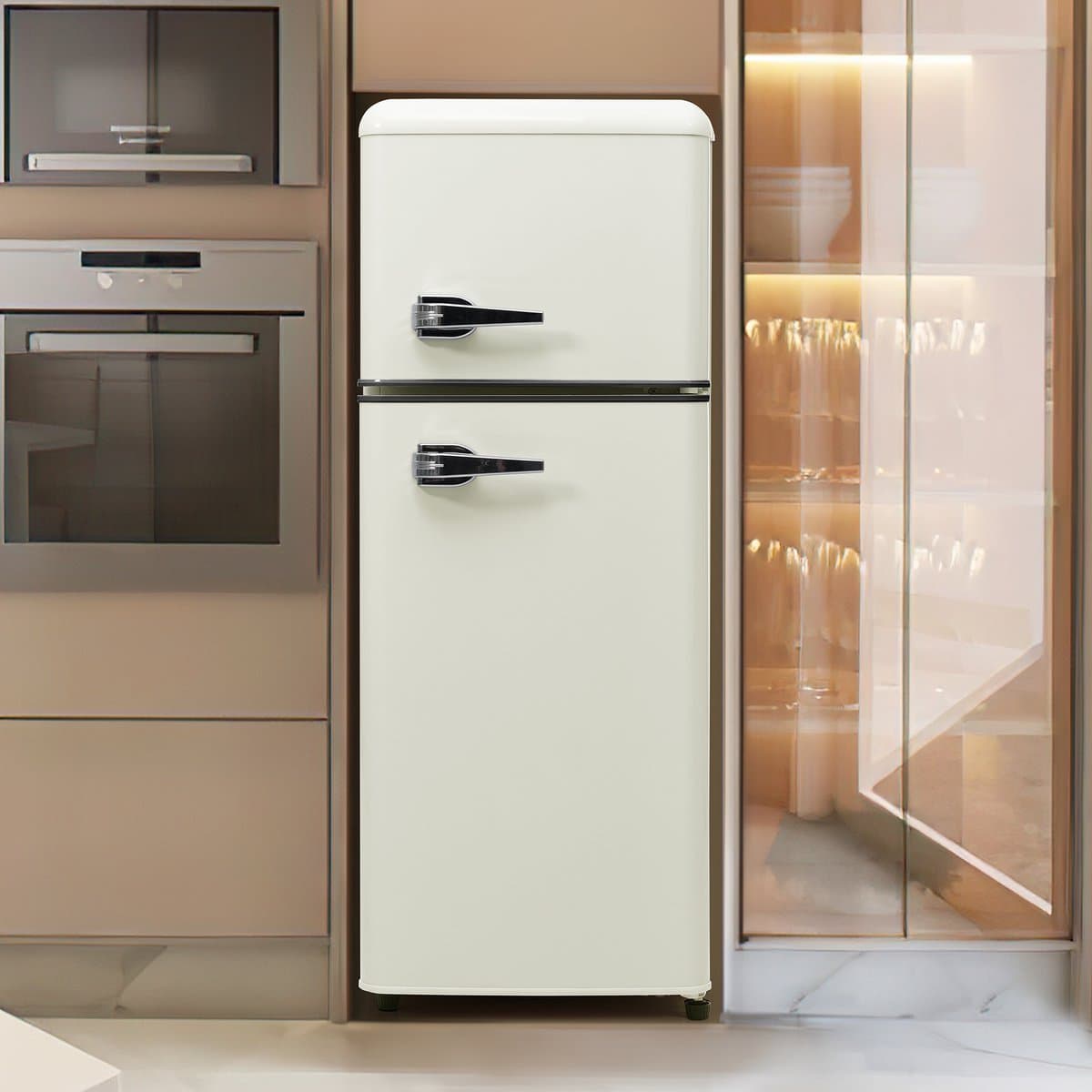 Retro-koelkast – Koel-vriescombinatie, 105,5 cm hoog, 41 cm breed, tweedeurs, 92 liter totaalvolume, 28 liter vriesvolume, deurplateaus en glasplateaus, 116 kWh/jaar, -27°C ~ 13°C, LED-verlichting. — afbeelding 1