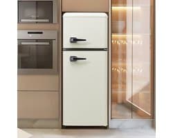 Retro-koelkast – Koel-vriescombinatie, 105,5 cm hoog, 41 cm breed, tweedeurs, 92 liter totaalvolume, 28 liter vriesvolume, deurplateaus en glasplateaus, 116 kWh/jaar, -27°C ~ 13°C, LED-verlichting.