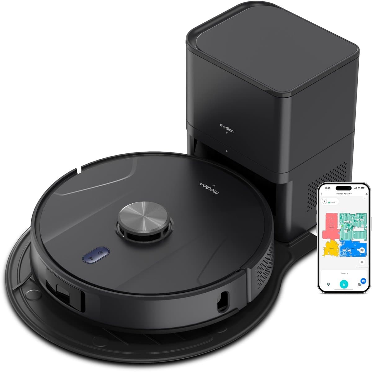 MEDION Robotstofzuiger 2-in-1 met leegstation, lasernavigatie en dweilfunctie X51 SW+, 10000 Pa zuigkracht, 2in1 robot, roterende dweilen, kruislijnlaser, grijs — afbeelding 1