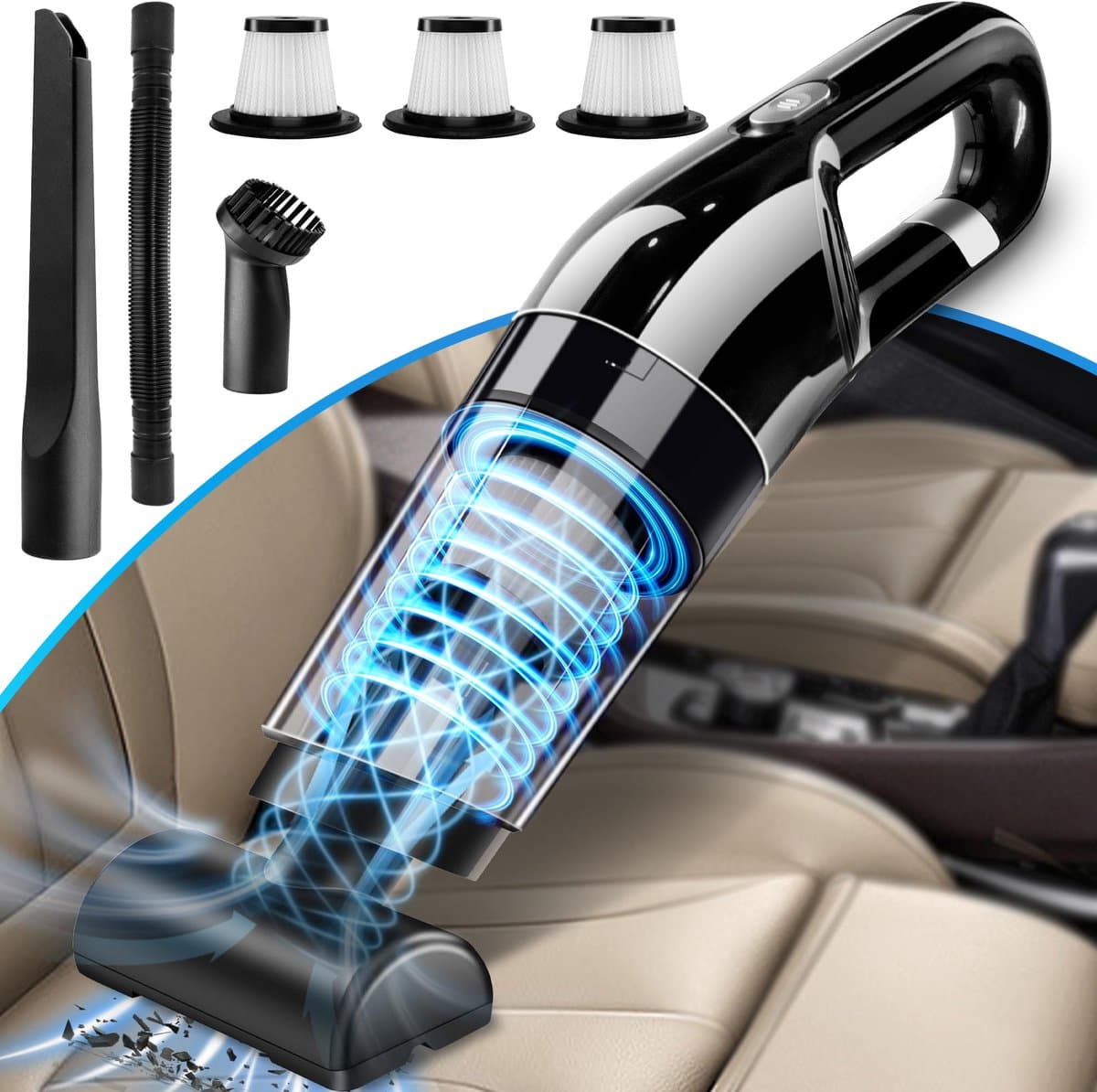 Sterke handstofzuiger, 10000 Pa mini handstofzuiger voor in de auto, multifunctioneel, lichtgewicht, draagbare autostofzuiger, draadloos met 3 HEPA-filters, batterij, natte en droge handen — afbeelding 1
