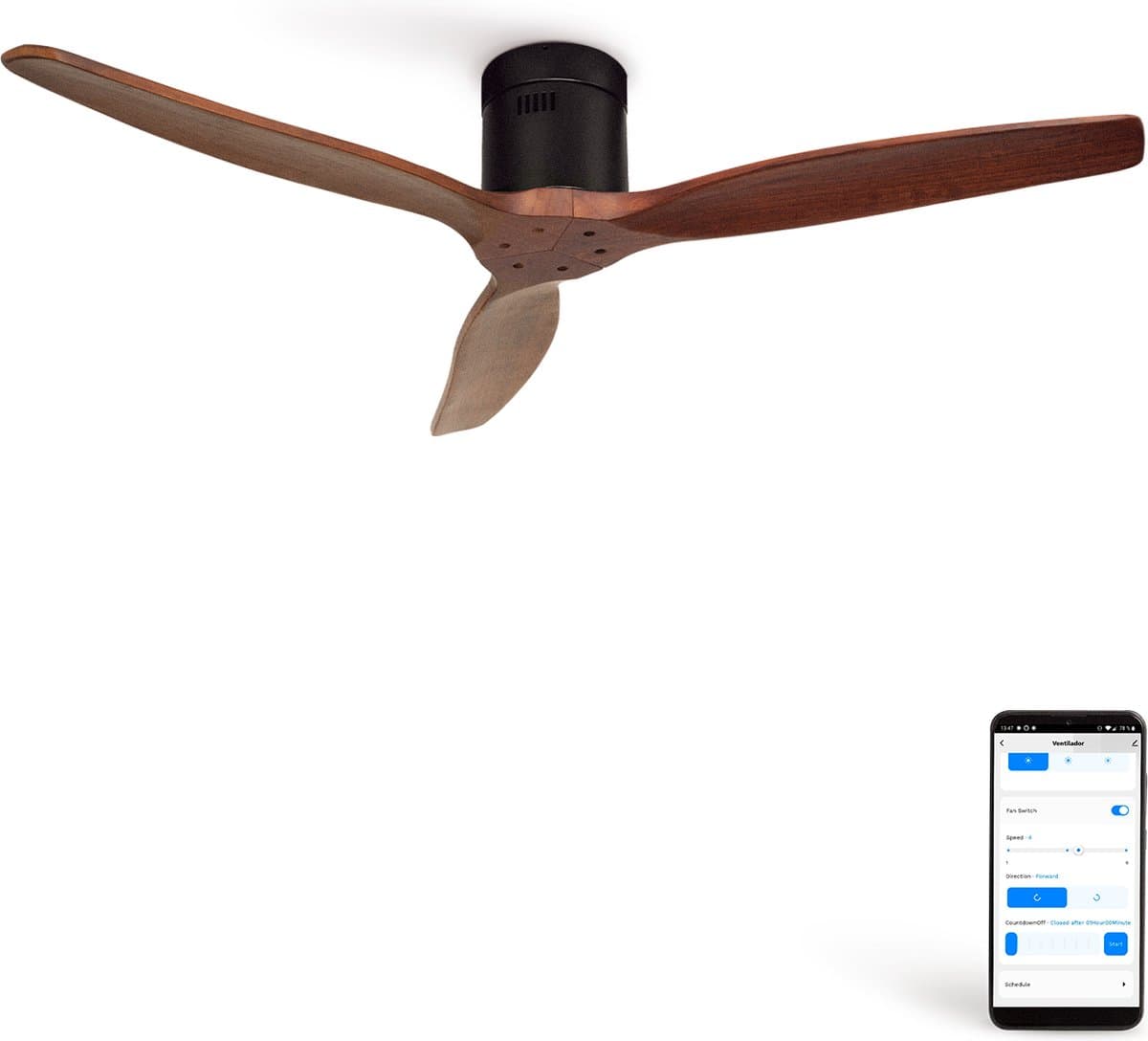 CREATE - Plafondventilator 40W silent Ø132 cm - Met Wifi - Met Afstandsbediening - 6 Snelheden - Timer - Zomer/Winter functie - Zwarte motor, donkerhouten bladen - WIND CALM — afbeelding 1