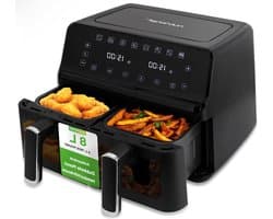 NutriChef Double Basket Air Fryer 8.8 Liter | Oil Free Air Fryer for Family, 9-in-1 Cooking Settings, 360° Air Circulation, Transparent Window, 4.4 Liters per Basket, Black