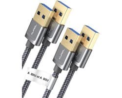 USB 3.0 Type A Male naar Male Datakabel, 2-pack (1M + 2M), Hoge Snelheid voor Externe Harde Schijf, Laptop en Blu-ray Speler, 1+2m Grijs