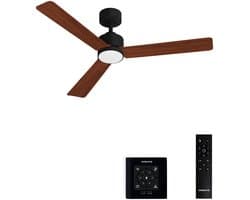 CREATE - Stille plafondventilator 40W met licht - Zwart / Donker hout - Ø132cm - Controller voor wandmontage + afstandsbediening - WIND MODERN
