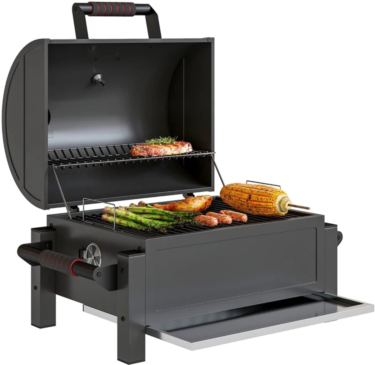 Premie Houtskool Barbecue - Smoker Barbecue - Houtskoolgrill - Grillwagen met Deksel, Warmhoudrek, Aslade, Thermometer - BBQ voor Kamperen, Buiten, Tuin - RVS - 67 x 53 x 55 cm - Zwart — afbeelding 1