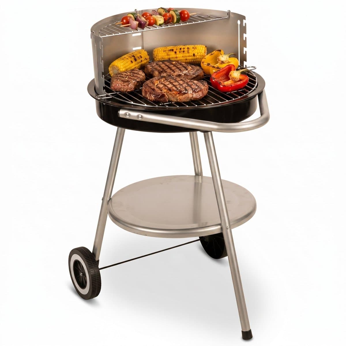 Cheqo® Houtskool Barbecue - BBQ - Houtskoolbarbecue - Ronde Barbecue - Tuinbarbecue - Houtskool Grill - BBQ op Wielen - Verrijdbare Barbecue met Onderrek - Dubbel Grillrooster - Voor Houtskool en Briketten - Voor Tuin en Camping - Zwart — afbeelding 1