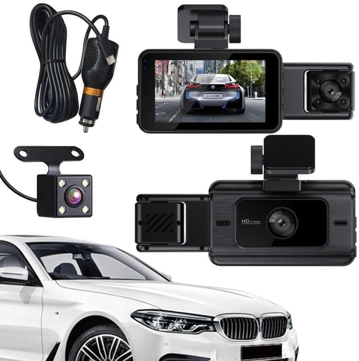KZQ Dashcam met dubbele lens - Dubbele camera's voor en achter - Uitgerust met een 32GB SD-kaart - Full HD-videokwaliteit (1920p + 1080p) - Ultragroothoeklens van 140° - 24-uurs parkeerbewakingsmodus, loopopnamefunctie — afbeelding 1