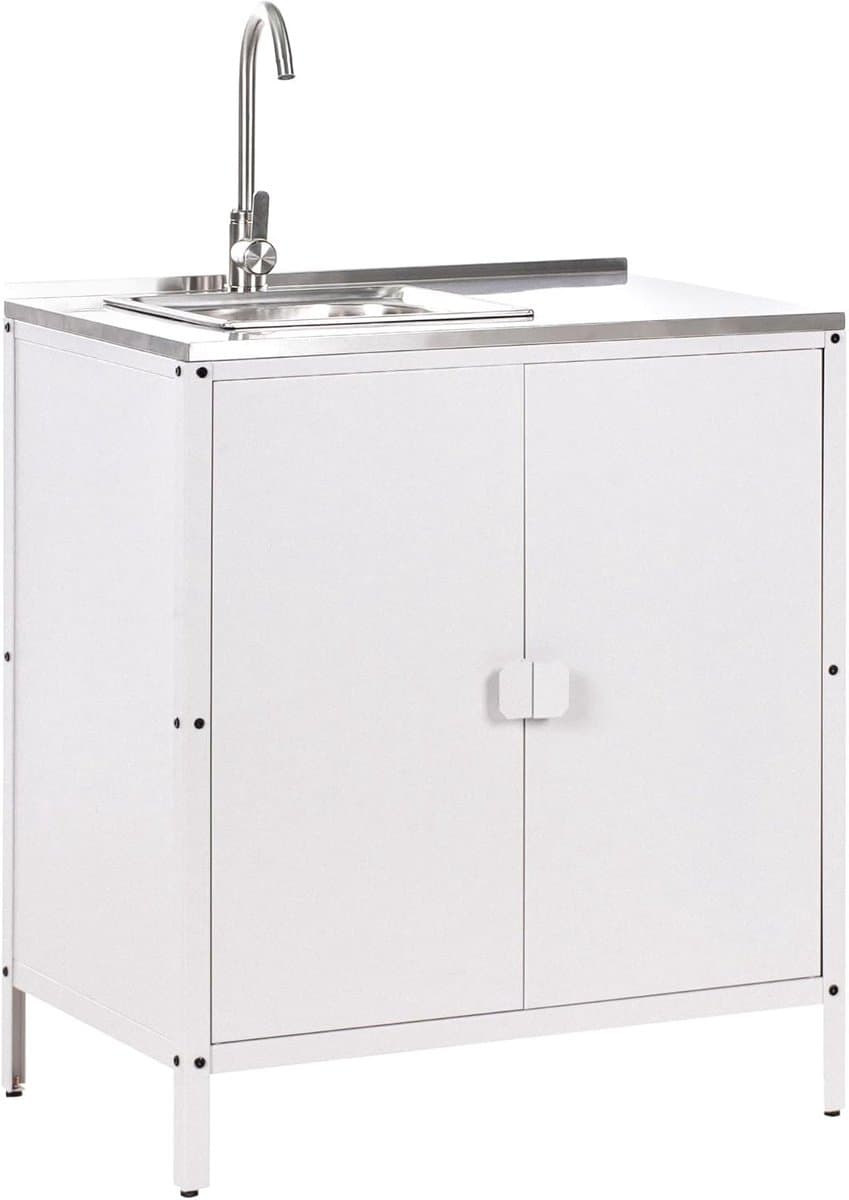 Buitenkeuken Kast - Tuinkast Met Spoelbak - Tuinieren En Koken - Roestvrijstalen Blad - 80x50x90 cm - Wit — afbeelding 1