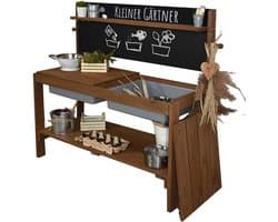 Modderkeuken voor kleine tuinders - Houten buitenkeuken met krijtbord en uitneembare speelbakken