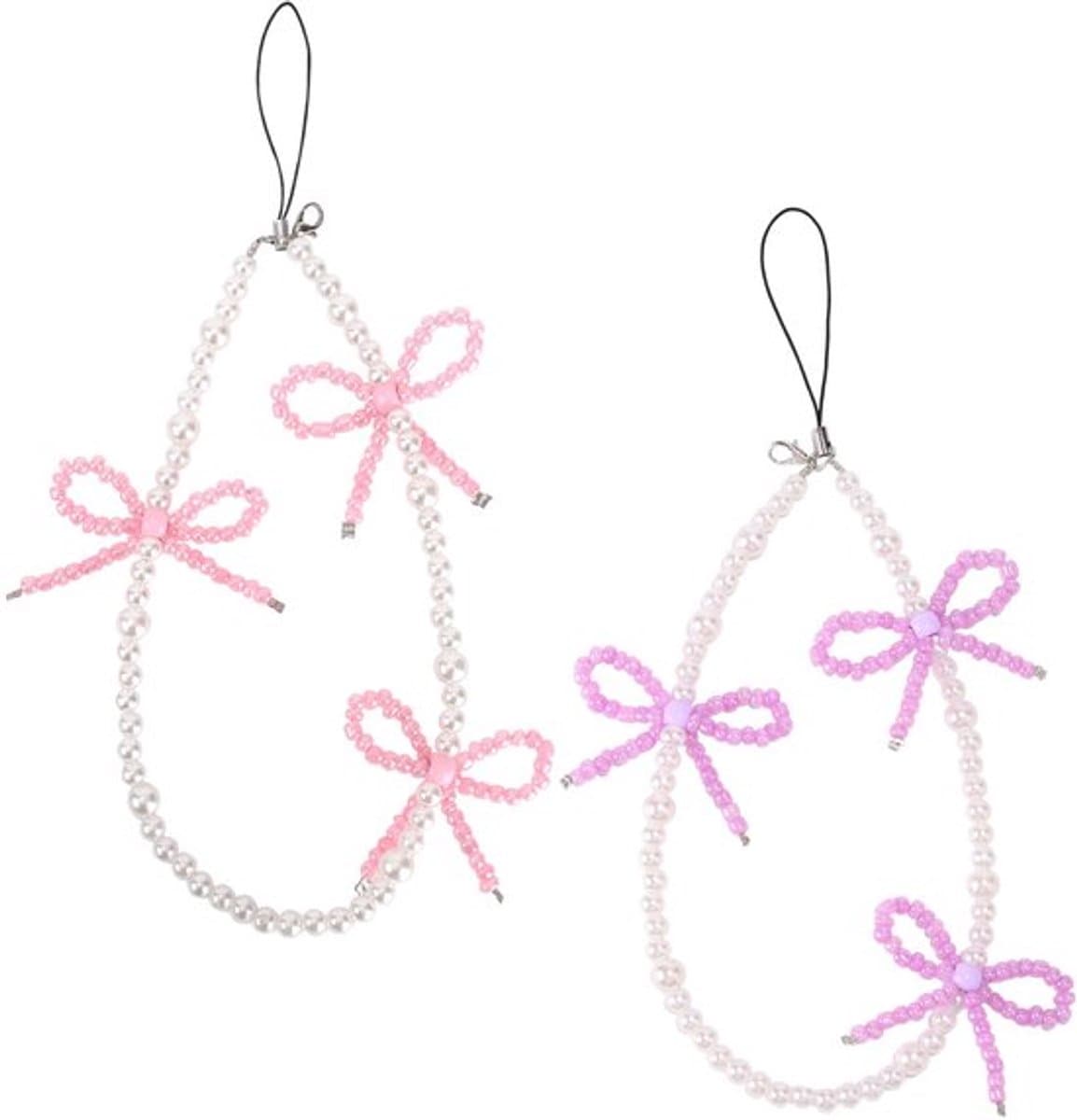 2 stuks kralen telefoonhangers met strikjes, universele esthetische delicate schattige parel strik kralen telefoon polsband voor tas camera oordopjes hoesjes decoratie (roze en paars) — afbeelding 1
