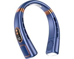 Nekventilator, digitaal display met gekleurde sfeerverlichting, 4000mAh USB-opladen, 5 windstanden, bladloze draagbare nekventilator, luchtkoeler, persoonlijke ventilator (blauw)