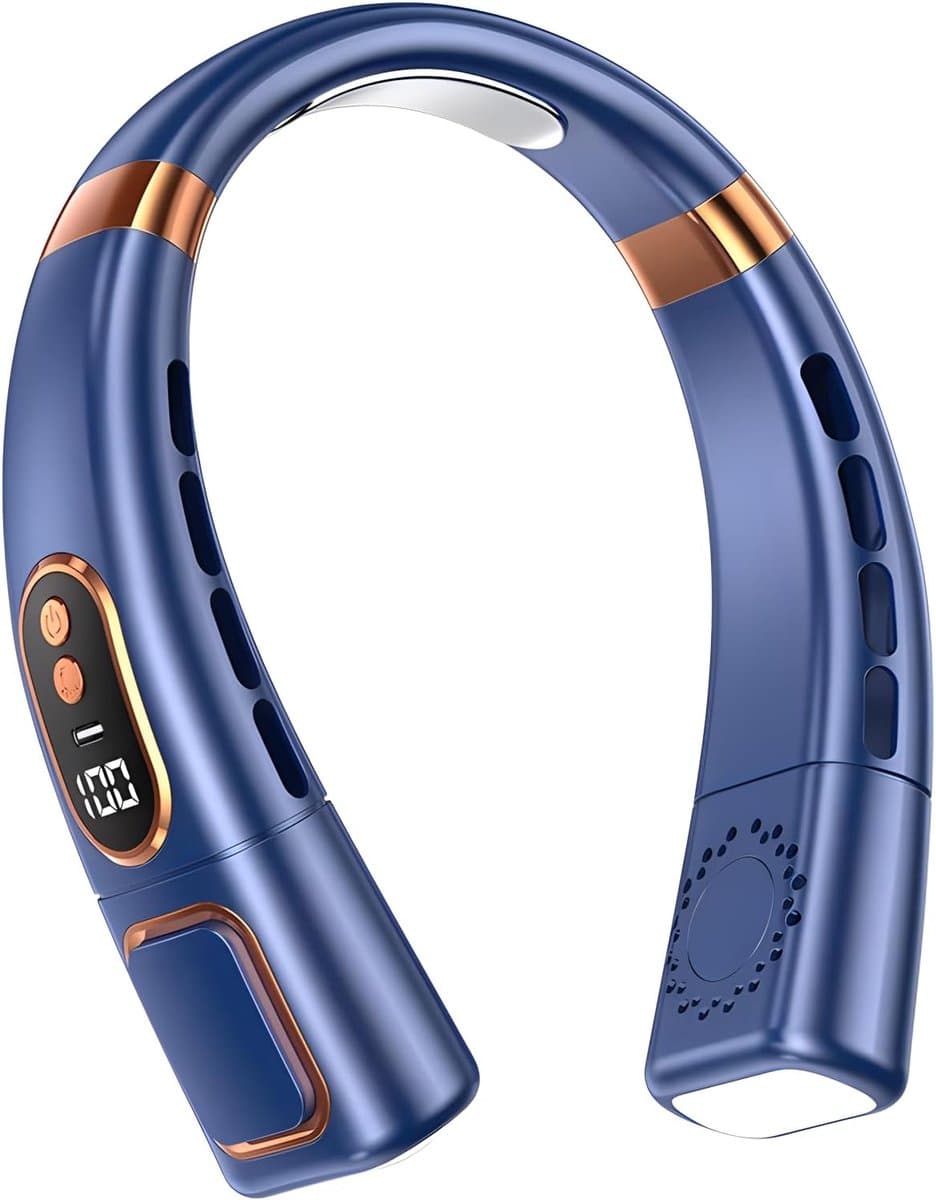 Nekventilator, digitaal display met gekleurde sfeerverlichting, 4000mAh USB-opladen, 5 windstanden, bladloze draagbare nekventilator, luchtkoeler, persoonlijke ventilator (blauw) — afbeelding 1
