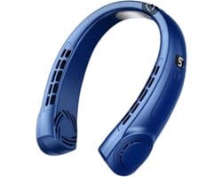 Nekventilator met LED-display, voorzien van ijskeramische technologie, blauwe kleur. 360° luchtstroom rondom | 5 ventilatorsnelheden | 4000mAh oplaadbare USB-batterij | Stil en ergonomisch ontwerp | Geschikt voor gebruik buitenshuis.