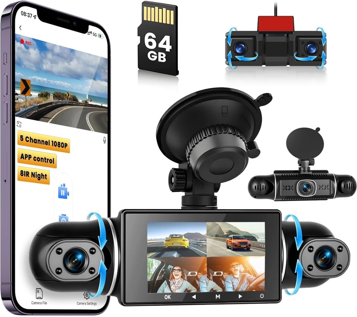 SnelShoppen - 5-Kanaals Dashcam 1080P - Voor- en Achterinterieur Camera - 360° Autocamera met 64GB Kaart, Wi-Fi, Loop-opname, G-sensor, Nachtzicht — afbeelding 1