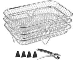 Airfryer Rack - Airfryer Mand | Trays | Racks voor du-al lade | 3x stapelbare grillmand roestvrij staal | Keukenstandaard voor stoomoven | Inclusief grijperclip