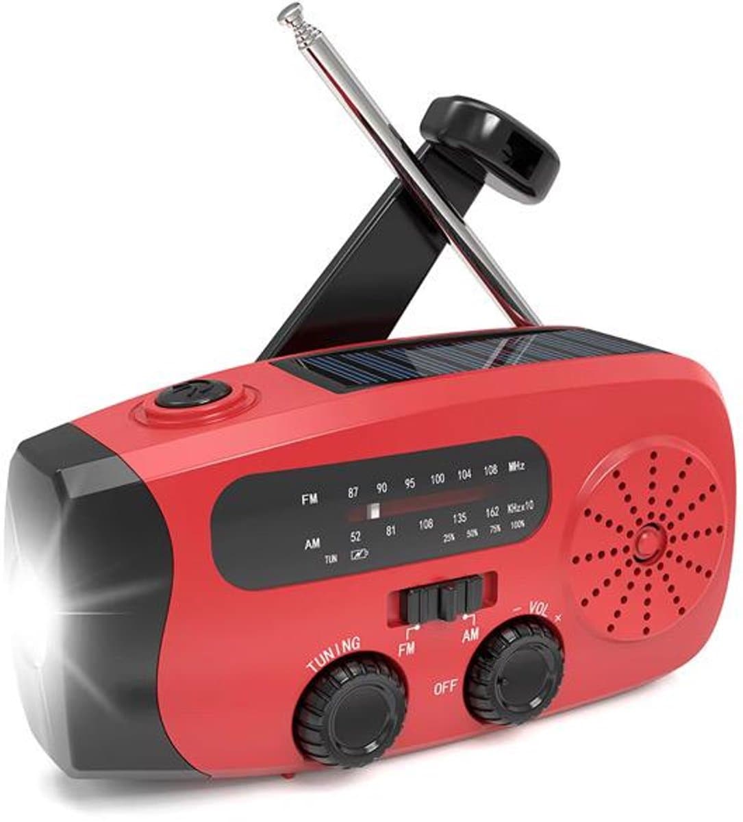 Draagbare noodradio - Powerbank 2000 mAh - Zaklamp - Solar opwindbaar - SOS alarm - USB kabel - Noodpakket - Kunststof - rood — afbeelding 1