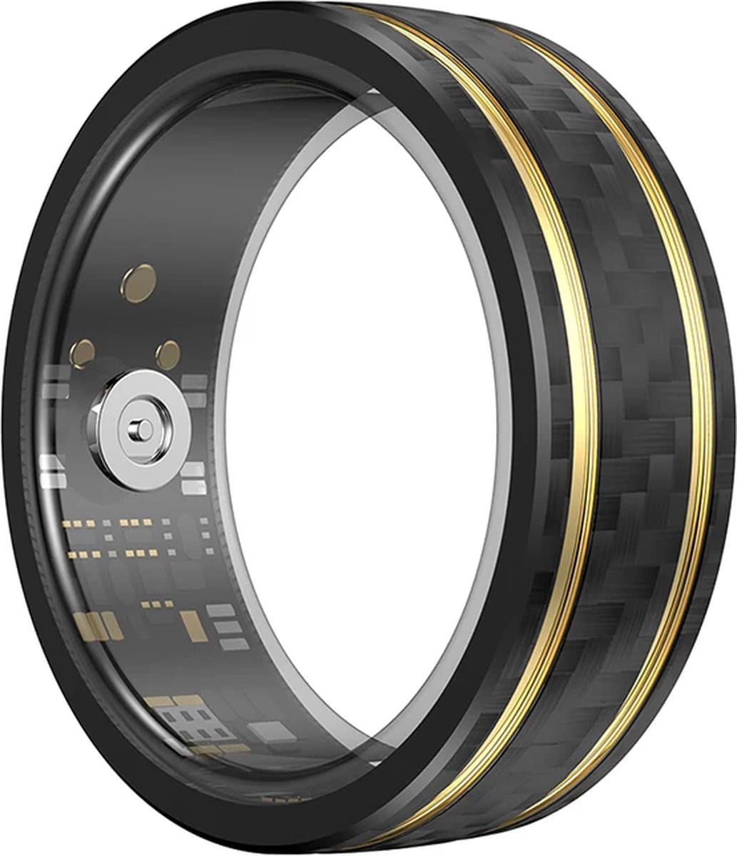 WizBay Premium Select® Aluminium Bi-Color Carbon Fiber Goud Smart Ring – Dames Heren – Oplaad Case - Hypoallergeen - Hartslag & Slaap Monitor - IP68 Waterdicht - O2 Meting - Gesture Functie - Multiple Sport Modi - Bi-Color Goud Zwart #12 — afbeelding 1