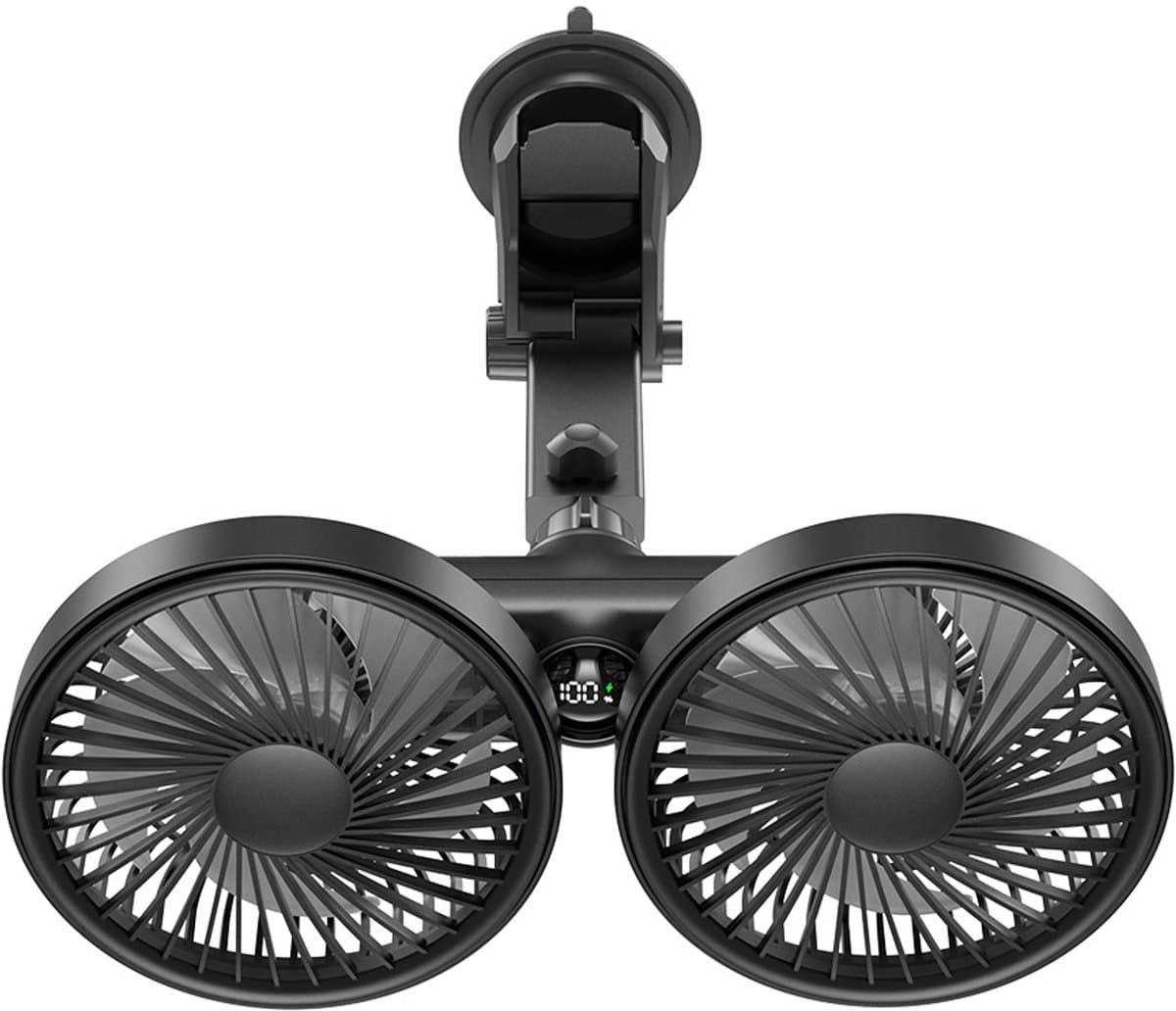 Ulisem - Voorbankventilator - Met zuignap beugel - 3600mAh oplaadbaar - 3 snelheden - Dubbel 5.7 inch kop - 360° roteerbaar - Led display - Stille motor - Voor auto en reizen - Zwart — afbeelding 1