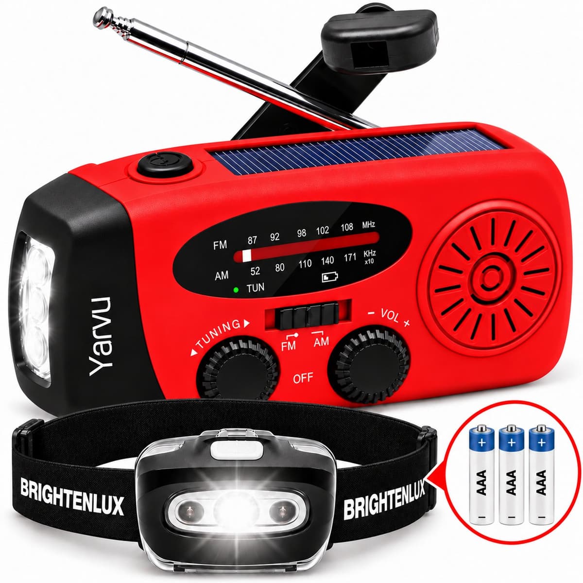 Yarvu ® Noodradio Solar Opwindbaar + LED Hoofdlamp op Batterijen - Noodpakket - 2000mAh - Powerbank - LED Zaklamp - Op Accu - Aanzwengelen - FM AM Radio - Zonne Energie - SOS Sirene - Rood — afbeelding 1