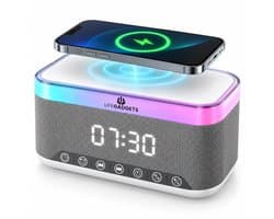 LifeGadgets Digitale Wekkerradio – Digitale Klok Slaapkamer – 15 W Draadloos opladen - Speaker met bluetooth - 13 Lichtstanden - Lichtwekker – Wekker voor kinderen & volwassenen – Netstroom – Alarmklok – Wit