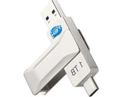 Draagbare SSD-stick - Externe USB-opslag - Bestanden overzetten - Dubbele USB-A- en USB-C-aansluiting - 1 TB - Zilver